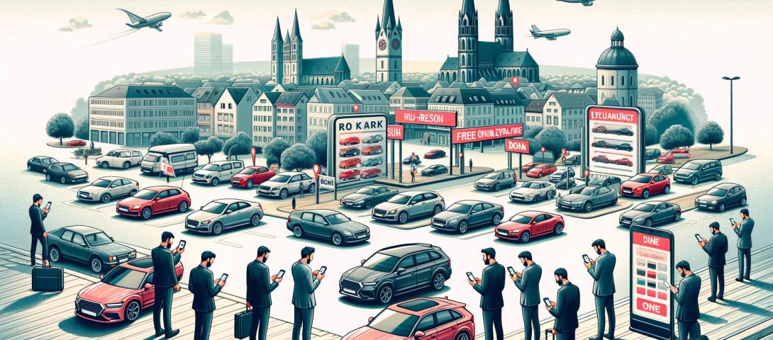 Es zeigt eine panoramische Ansicht von Bonn mit Menschen, die Smartphones und Laptops für die Online-Autobewertung verwenden, und verschiedenen Autos zum Verkauf